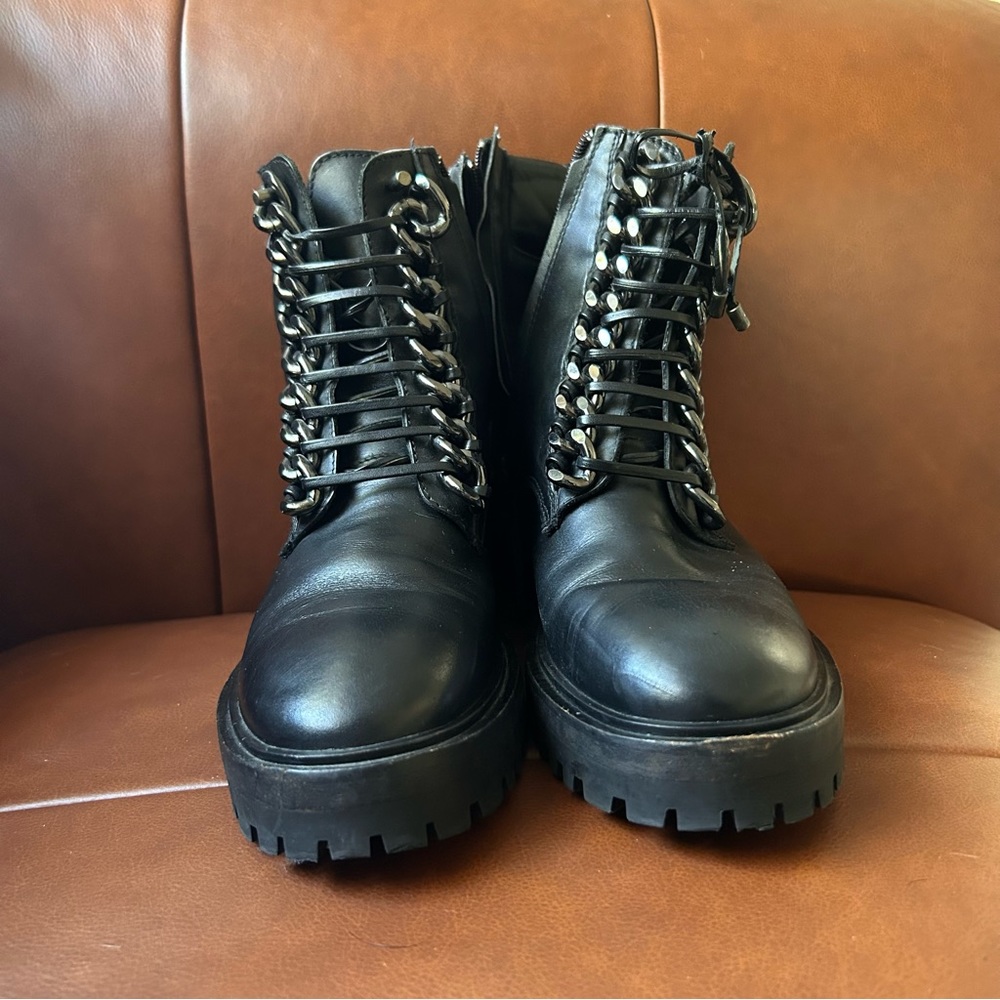 Zara Genuine Leather Chain Combat Moto Boots Black Size 39 // US 8 - Picture 4 of 8